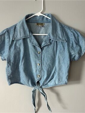 Retro Light Blue chambray button down tie front crop top, Large